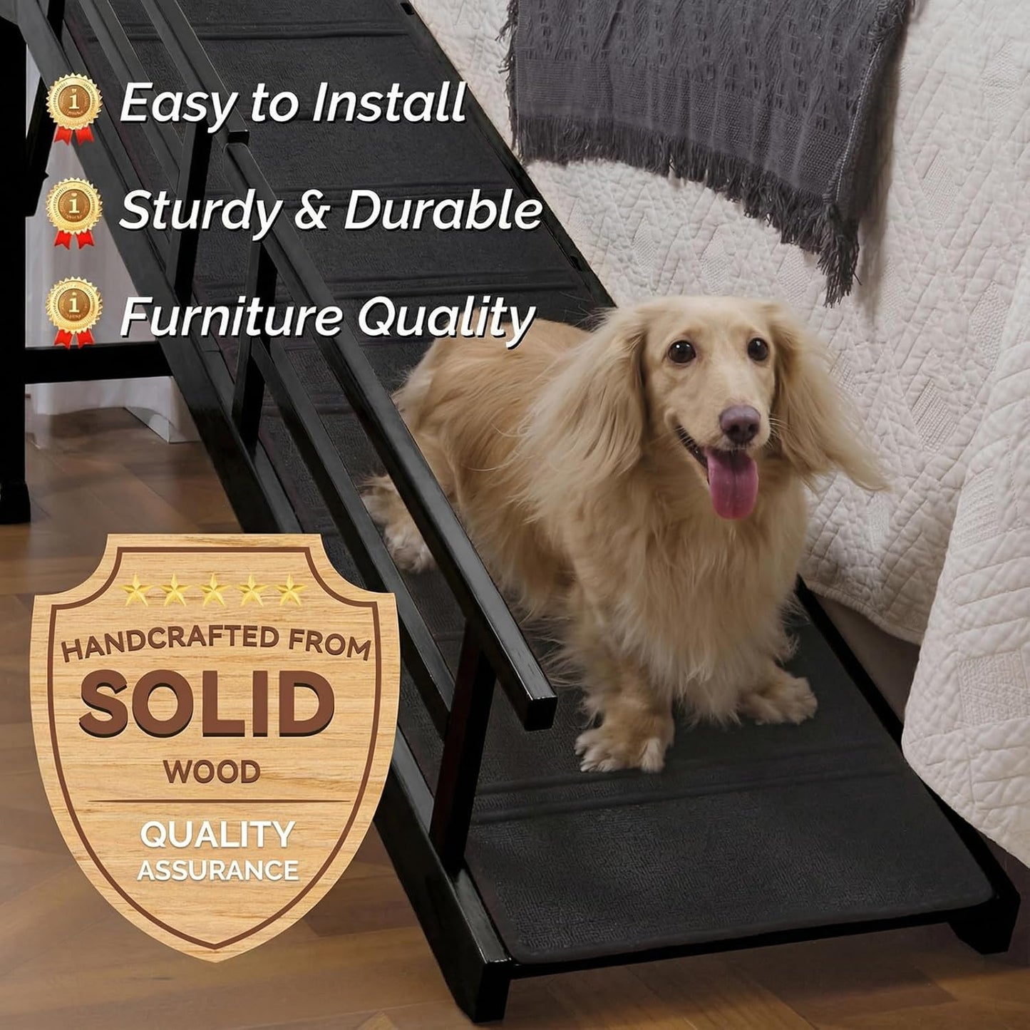 Dog Ramp for Bed or Couch, Wooden Pet Ramp with 20° Gentle Slope, Removable Side Rails, Non-Slip Surface, Top Platform & Wheels, Safe Bed Ramp for Small, Large & Senior Dogs, 60" Long, Mahogany