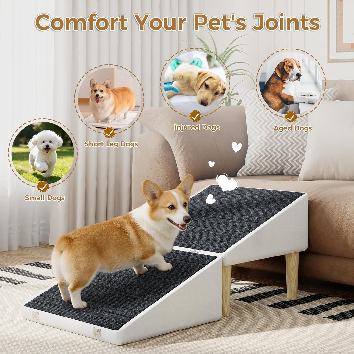 3-in-1 Dog Ramp Pet Stairs 18.9"x17.72"x19.29" with Hidden Storage Ottoman, Anti-Slip Steps for Small, Medium, Large, Senior & Injured Pets, 220LBS for Bed & Sofa, Green
