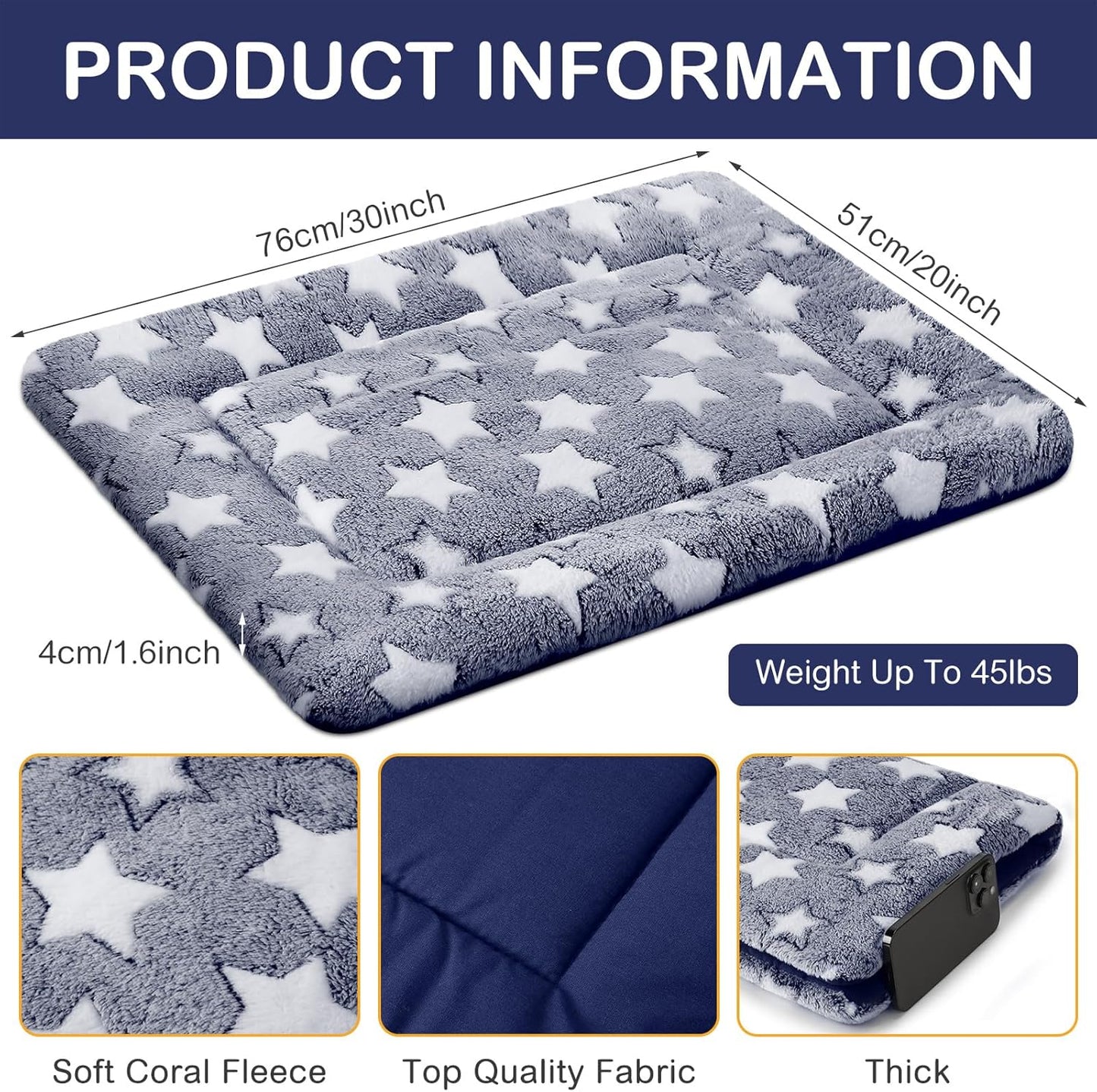 VitalCozy 4 Pcs Dog Crate Pads, Ultra Soft Warm Washable Anti-Slip Kennel Bed Mat for Pets, Reversible, Replaceable, Cage Liner for Small Medium Large Dogs and Cats (18 x 24 x 1.6 Inch,Star,Gray)