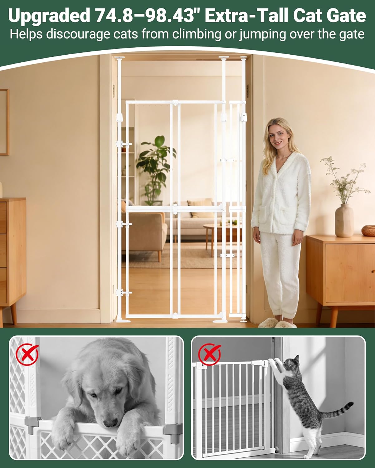 NiceTCU 74.80-98.43'' Extra Tall Cat Gate, Adjustable 33.86-41.34" Wide, Transparent Full Door Pet Gate, Auto Close No Drilling Cat Proof Safety Gate for Doorway Stairs- White