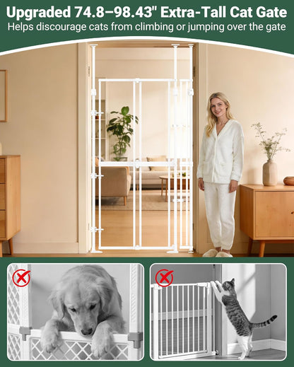 NiceTCU 74.80-98.43'' Extra Tall Cat Gate, Adjustable 33.86-41.34" Wide, Transparent Full Door Pet Gate, Auto Close No Drilling Cat Proof Safety Gate for Doorway Stairs- White