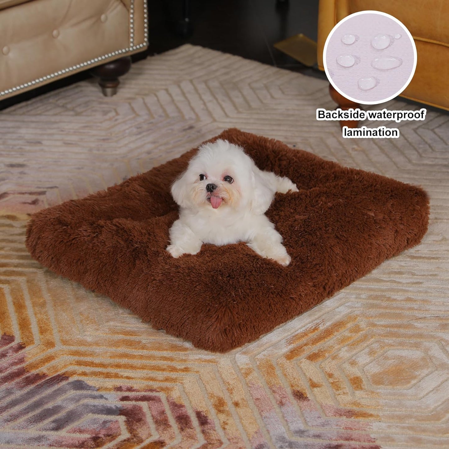 Bedfolks Waterproof Dog Crate Bed, Plush With Removable Washable Cover, Faux Fur Crate Pad for Medium Dogs, Fluffy Kennel 29"x21", Dark Grey