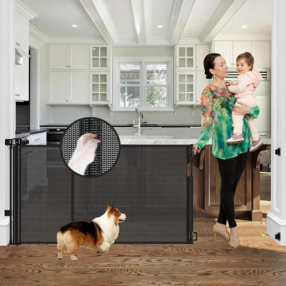 96 Inch Wide Reinforced Retractable Baby Gate with Support Rods, Extra Long Dog Gate Retractable Gate Outdoor Gates for Decks, Prevent Crawling Under Extra Long Baby Gates for Large Openings, Black