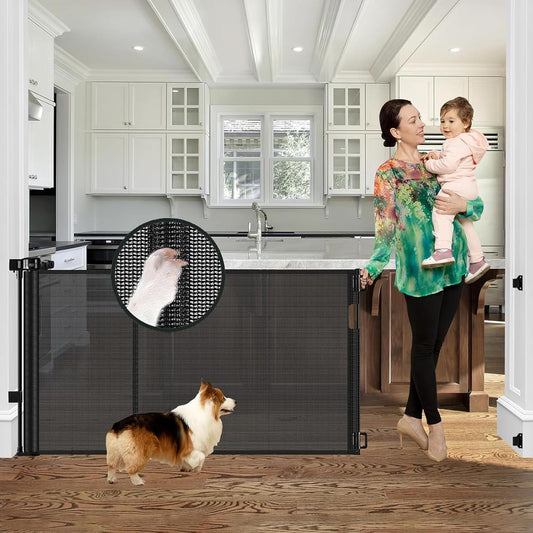 96 Inch Wide Reinforced Retractable Baby Gate with Support Rods, Extra Long Dog Gate Retractable Gate Outdoor Gates for Decks, Prevent Crawling Under Extra Long Baby Gates for Large Openings, Black