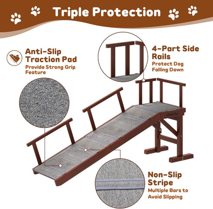 Onelike Wooden Dog Ramp for Bed with Removable Side Rail and Non-Slip Carpet, Stable Pet Ramp Stair for Couch Sofa for Small & Large & Senior Dogs, 74" Long Ramp Brown