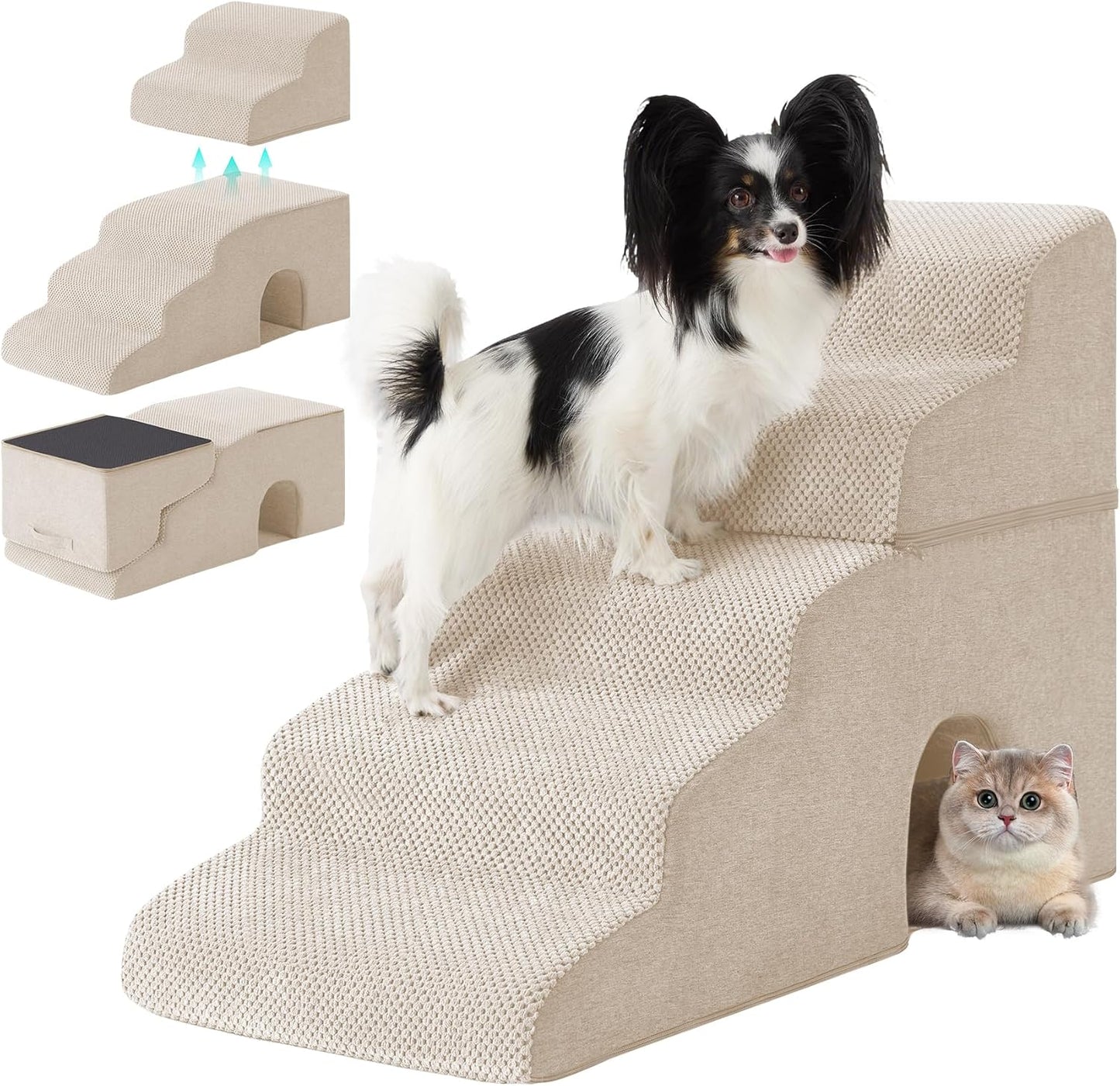 Dog Stairs for Bed 23’’ H, 5-Step Dog Steps for High Bed, Foldable Pet Stairs for Small Dogs and Cats to Get on Beds, Couch, Non-Slip Balanced Pet Steps and Ramp with Waterproof Cover, Grey