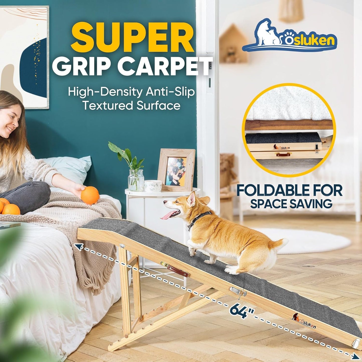 𝟐𝟎𝟐𝟔 𝐔𝐩𝐠𝐫𝐚𝐝𝐞𝐝 Dog Ramp for Bed, 64" Long Foldable Pet Ramp for Small Large Dogs, Dog Ramps for High Beds Car, High Traction with Platform 6 Adjustable Heights 24" to 30" Up to 220LBS Black