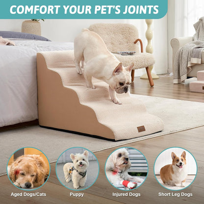 COZY KISS Dog Stairs for Small Dogs 15.7" H, Curved Dog Step for Puppy, Older Cat, Medium Pet Ramp for Sofa, Couch or Chair, Ladder with High Density Foam, 3 Step, 15.7x22.4x15.7 inch, Beige