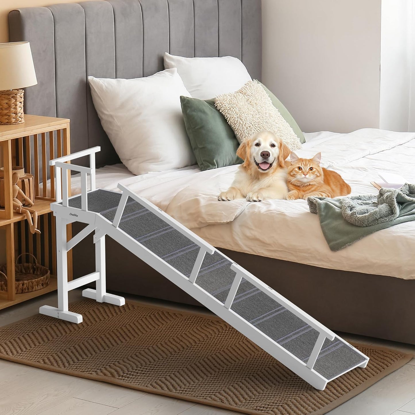 Onelike Wooden Dog Ramp for Bed with Removable Side Rail and Non-Slip Carpet, Stable Pet Ramp Stair for Couch Sofa for Small & Large & Senior Dogs, 74" Long Ramp Brown
