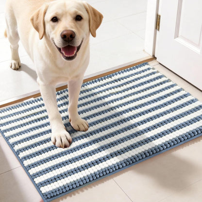 pobopobo Dog Door Mat for Muddy Paws - Absorbent & Washable Chenille Rug, Non-Slip Dirt Trapper for Indoor Outdoor Entryway, Quick Dry Pet Mat for Muddy Dogs (Striped Gray-Blue&White, 24" x 16")