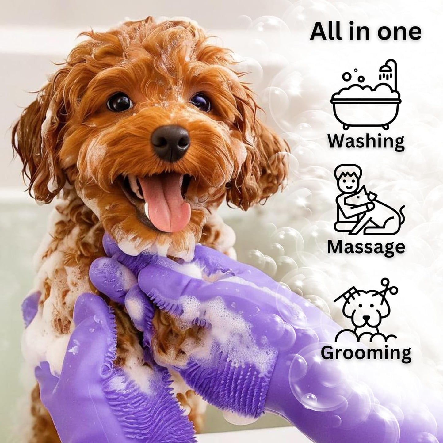Dog Washing Gloves with Bristle Scrubbers, Reusable Silicone Gloves Ideal for Pet Bathing, Massaging & Grooming (Gray)