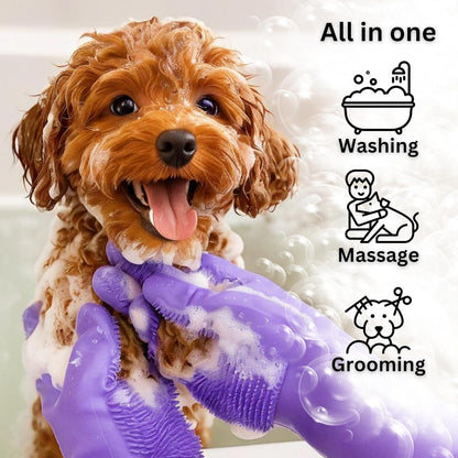 Dog Washing Gloves with Bristle Scrubbers, Reusable Silicone Gloves Ideal for Pet Bathing, Massaging & Grooming (Gray)
