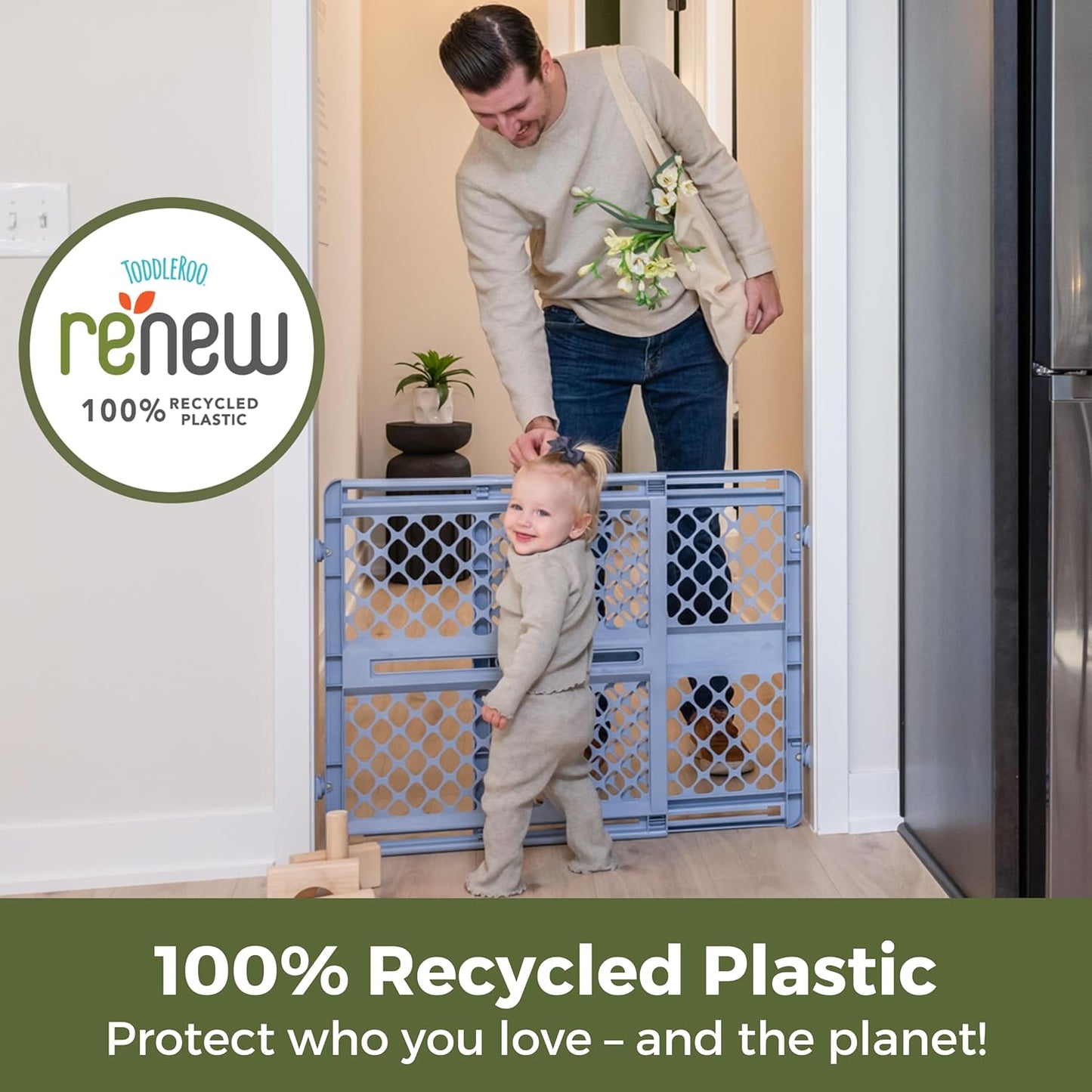 Toddleroo by North States - Renew 100% Recycled Plastic Baby Gate for Doorway; Sturdy for Indoor & Outdoor Use: Pressure Mounted, No Drill Gate; Made in USA; 26" to 42" Wide, 26" Tall; Pure White