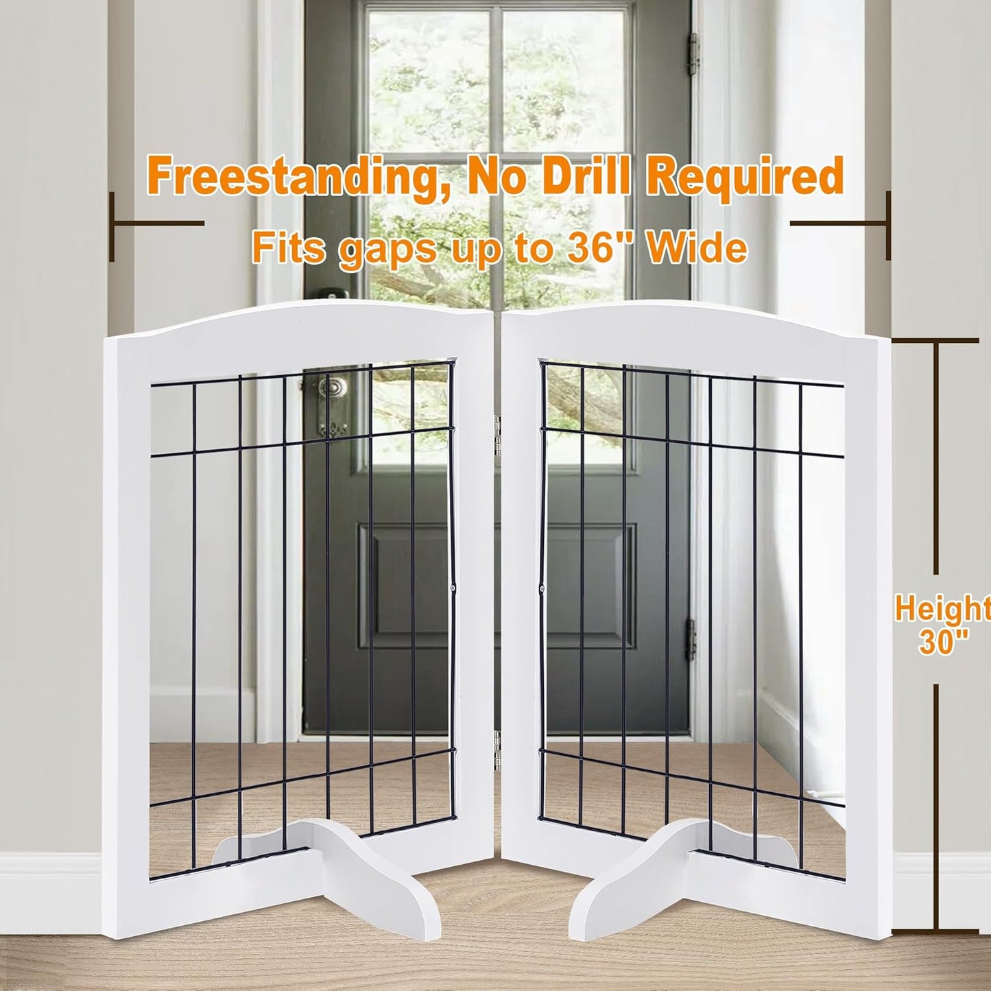LZRS 2-Panel Freestanding Foldable Wood Dog Gate – Solid Wood & Steel Wire, Chew-Resistant Pet Barrier for Indoor Use, Ideal for Small to Medium Dogs, White