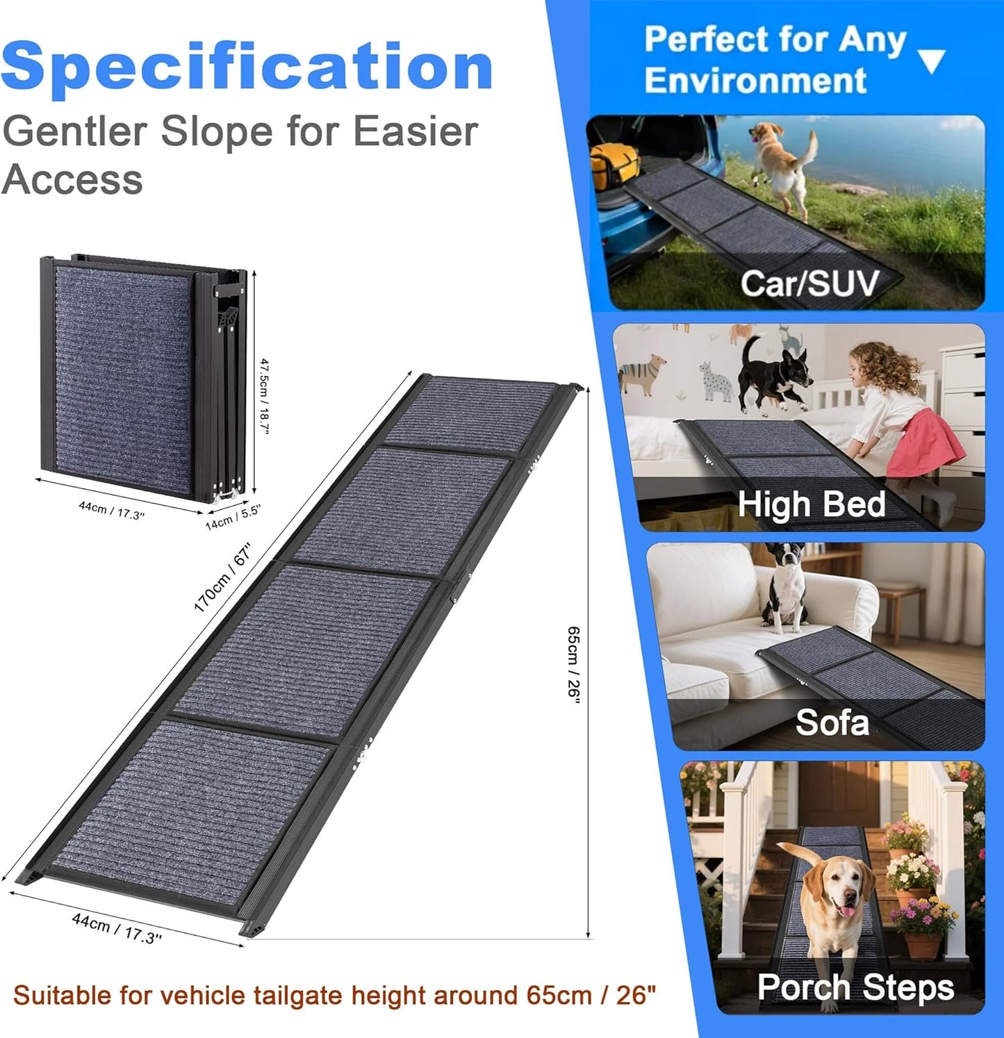 COSIEST Dog Ramp for Car, 63" L x 17.3" W Folding Pet Ramp for Large Dogs Up to 250LBS, Portable Dog Steps with Non-Slip Surface for SUV, Bed, Couch