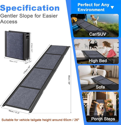 COSIEST Dog Ramp for Car, 63" L x 17.3" W Folding Pet Ramp for Large Dogs Up to 250LBS, Portable Dog Steps with Non-Slip Surface for SUV, Bed, Couch