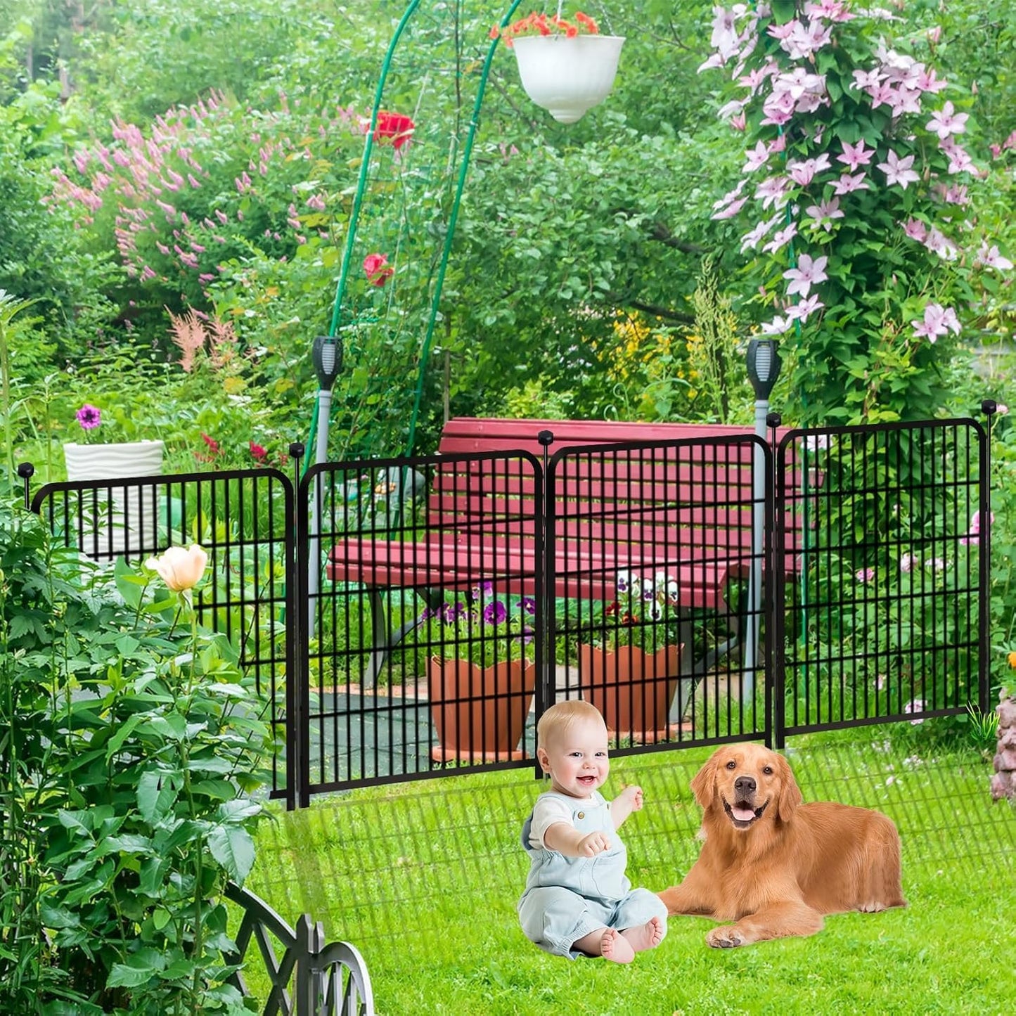 Getlay 36 in(H) Garden Fence, Wide Gate Low Threshold, 10 Panels Total 22.1 Ft(L) Heavy Duty Iron Animal Barrier Fence for Yard,Suitable for Indoor Or Outdoor Dog Fencing,Garden Border Fence