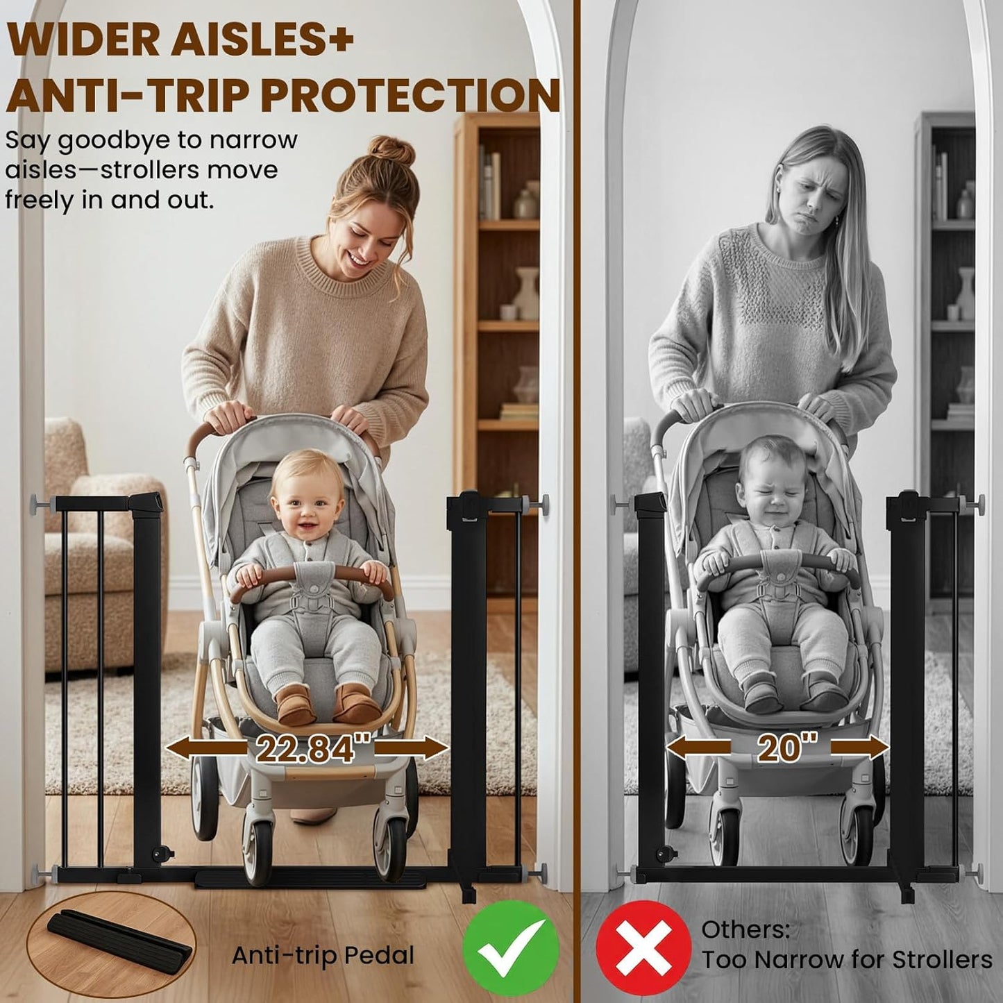 Baby Gate for Stairs, 29.7-40.6" Auto Close Dog Gate Indoor for Doorways, Dual-Lock Design, Adjustable Pet Gate No Drilling with Walk Thru Door for Hallways, Stroller Friendly, Black