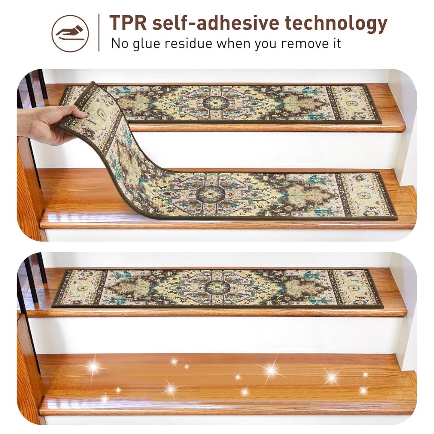 Stair Treads for Wooden Steps Indoor, 15 Pack 8" X 30" Non Slip Carpet Stair Treads with Reusable Adhesive for Kids Elders and Dogs, TPR Backing Stair Rugs Oriental Staircase Step Treads,Bohemia