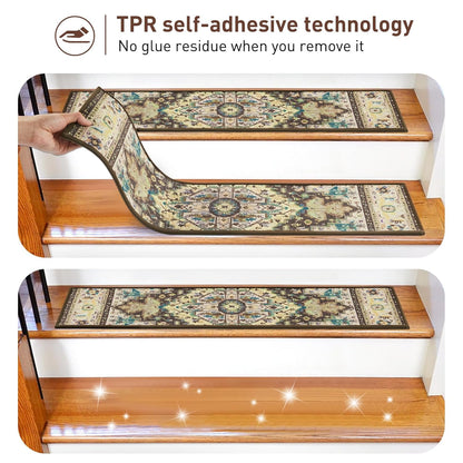 Stair Treads for Wooden Steps Indoor, 15 Pack 8" X 30" Non Slip Carpet Stair Treads with Reusable Adhesive for Kids Elders and Dogs, TPR Backing Stair Rugs Oriental Staircase Step Treads,Bohemia