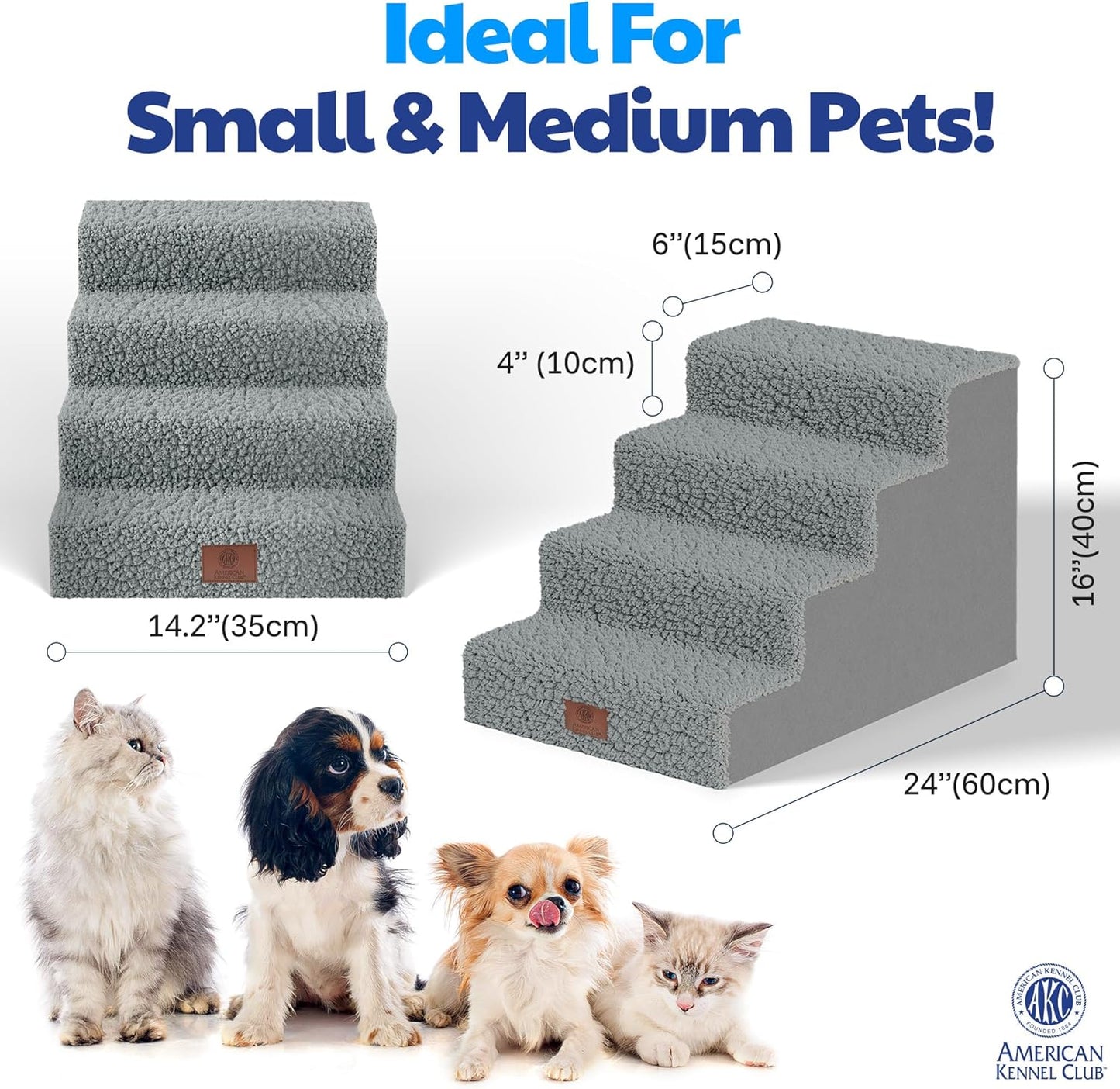 AKC 4-Step Pet Stairs – Durable, Non-Slip Steps for Small Dogs and Cats, Washable Cover, Simple No-Tool Assembly, Supports Up to 50 lbs