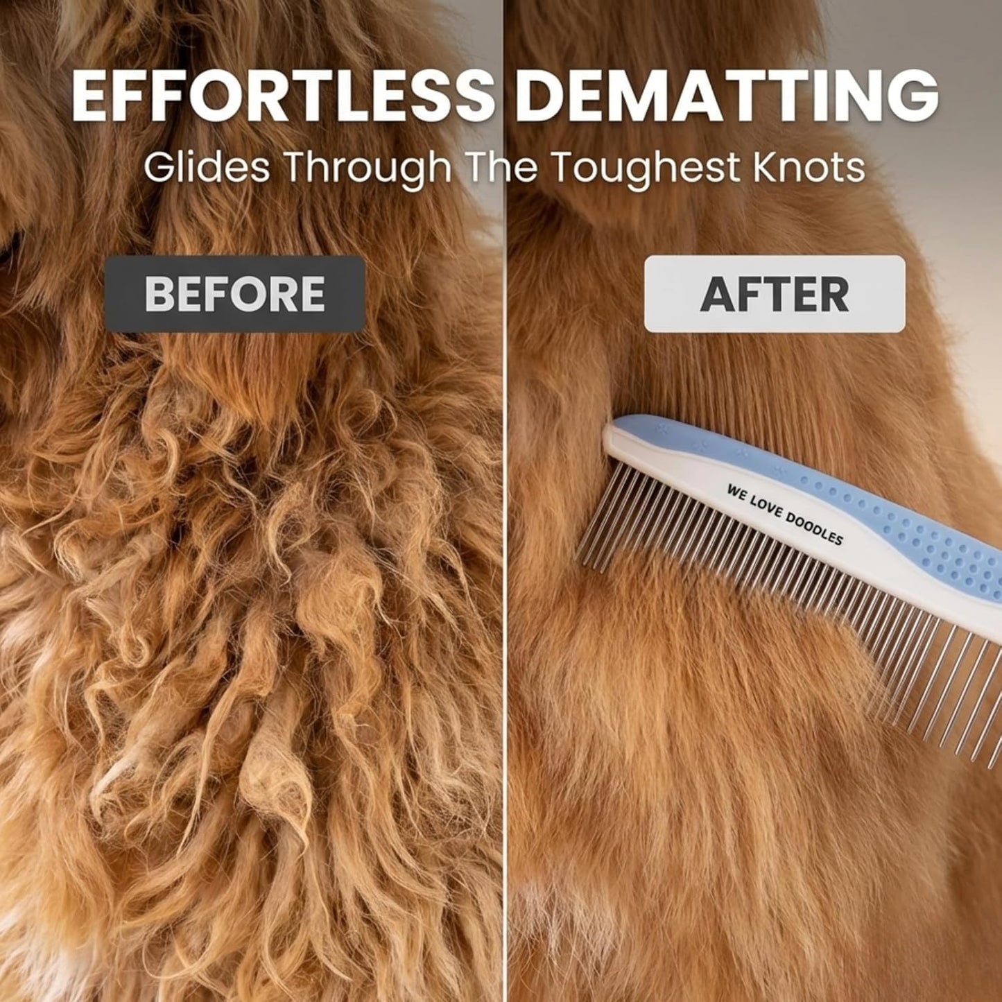 We Love Doodles Dog Comb (2 Packs) & Lavender Detangler Spray 16oz – Pet Grooming Essentials, Stainless Steel Rounded-End Dematting Metal Comb for Dogs, Dog Leave-In Conditioner Spray for Detangling