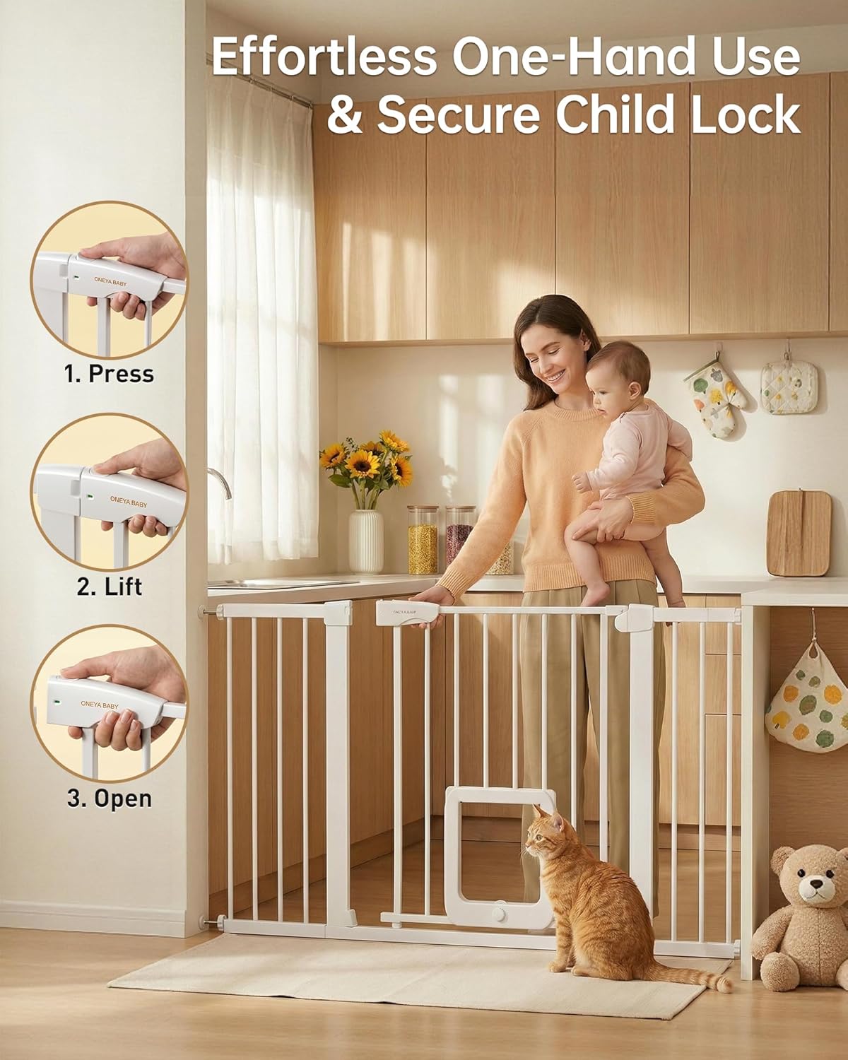 Baby Gate for Stairs, 29.92-48” Wide Pressure Mounted Baby Gate No Drill Needed, Auto Close Dog Gate for Doorways, Easy Walk Through Safety Child Gates for Toddler & Pet/Puppy, Indoor, White