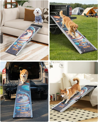COZIWOW Telescoping Dog Car Ramp for Large Dogs - Heavy-Duty Aluminum Pet Ramp with High-Traction Surface, Anti-Slip Steps for Cars/Trucks/SUVs,Adjustable Sizing,330LB Load Capacity (63.5" L)