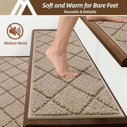 COSY HOMEER Edging Stair Treads Non-Slip Carpet Mat 28inX9in Indoor Stair Runners for Wooden Steps, Edging Stair Rugs for Kids and Dogs, 100% Polyester TPE Backing (7pc, Beige)