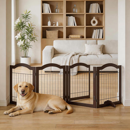 Vantas Espresso Wooden Folding Dog Gate 144" Wide x 30" Tall with Door, Freestanding Pet Gate, Pet Puppy Safety Fence