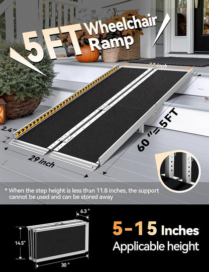 FACHNUO 2 Feet Portable Wheelchair Ramp, Non-Skid Aluminum Handicap Ramps with Handle, Folding Threshold Wheel Chair Ramp for Home Steps, Stairs, Entry, Doorways, Applicable Height 2-6 inches