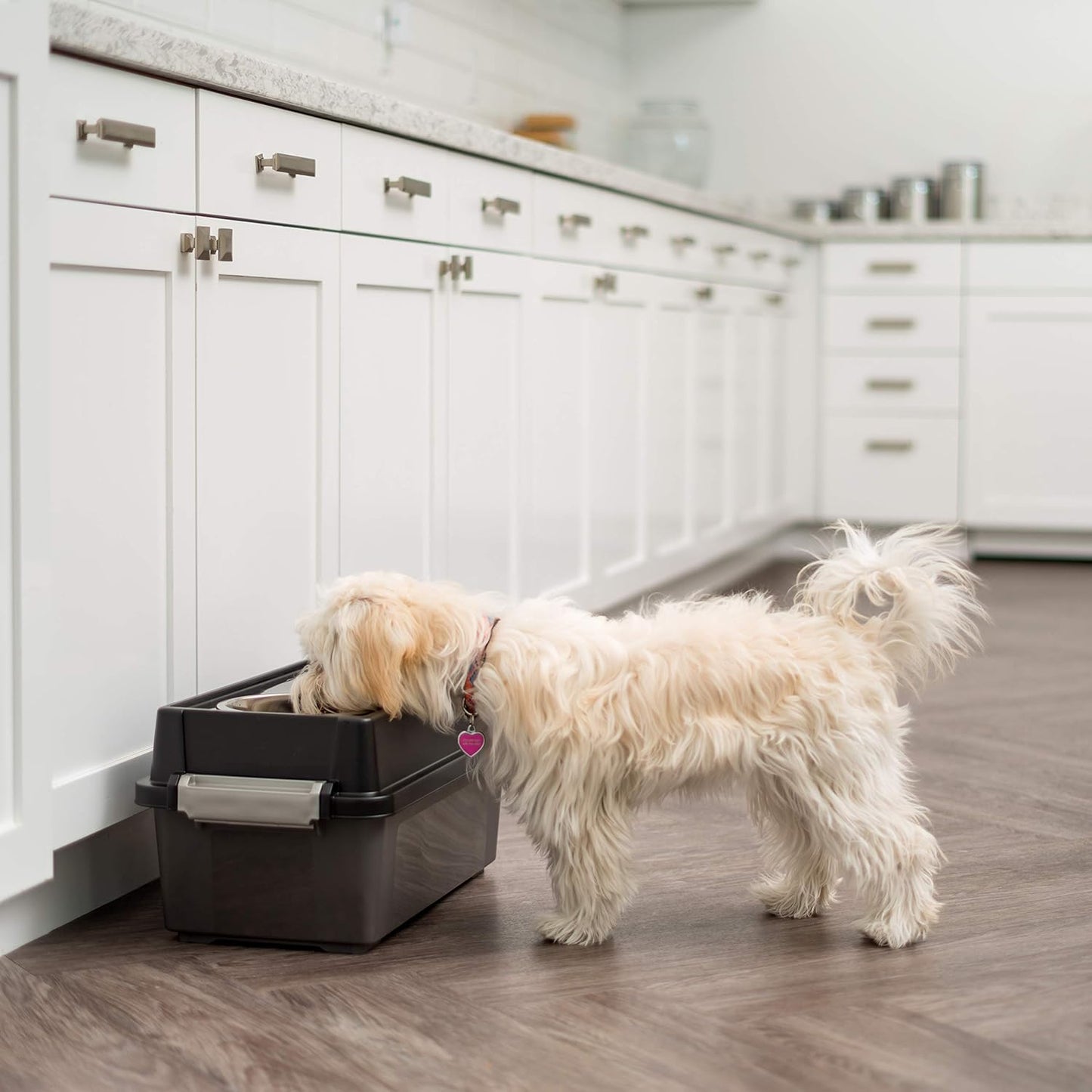 IRIS USA Dog Bowls Elevated with Storage, 15" H Raised Feeding Station, Dog Bowl Stand with Airtight Food Storage Holds 47 lbs, 2 Removable 64 oz Stainless Steel Bowls for Large Dogs, Smoke/Black