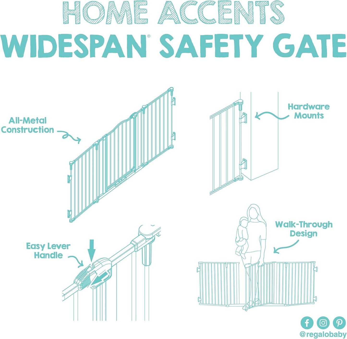 Regalo Safety 28"-76” Super Wide Configurable Baby Gate for Doorways & Open Spaces, 3-Panel Wall Mounted Safety Gate with Door for Babies, Toddlers & Pets, Includes Wall Mount Hardware