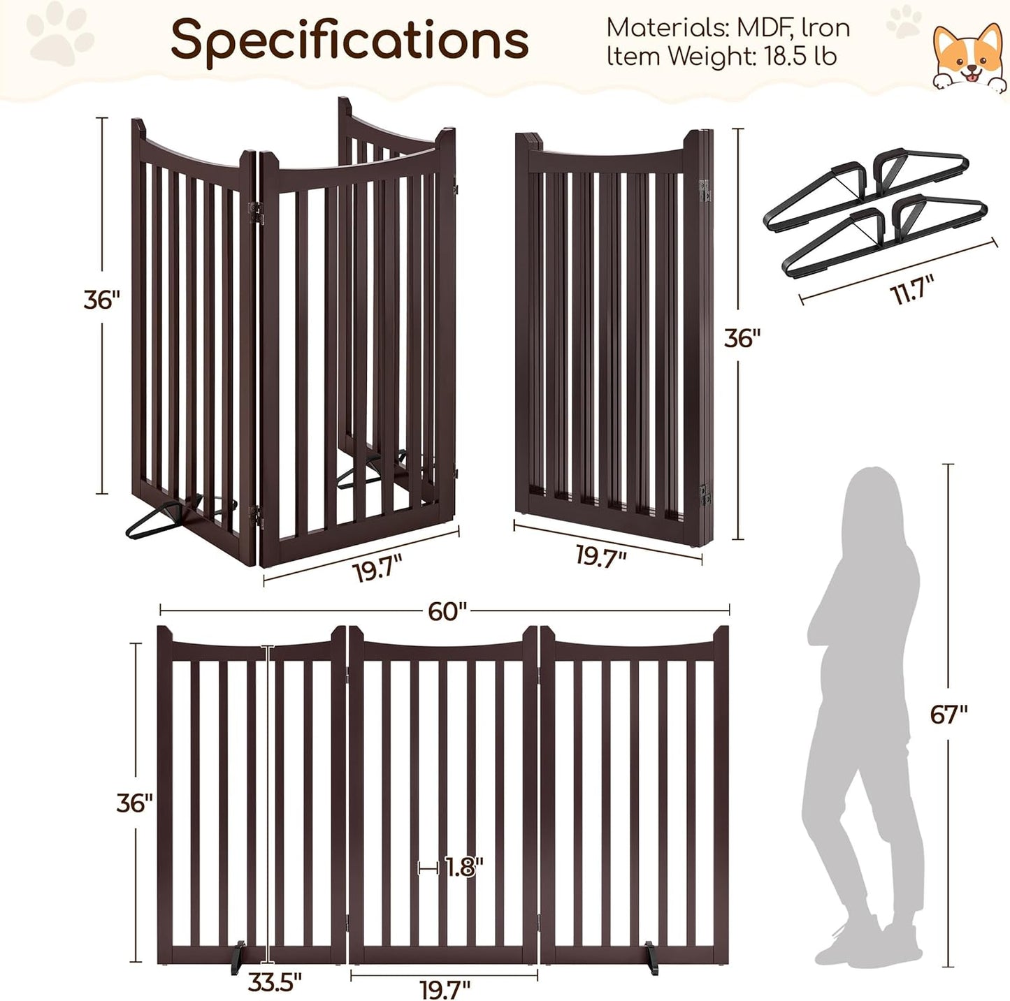 Yaheetech Freestanding Pet Gate 3-Panel Wooden Dog Fence with 2 Support Feet Folding Dog Gate for Indoor, Stairs, Doorways, Halls, Kitchen Wooden Pet Barrier White 36" H