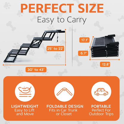 Foldable Dog Stairs for Cars Trucks & SUVs - Heavy-Duty Carbon Steel Pet Ladder Supports 230LB - Non-Slip Metal Mesh Joint-Friendly Portable Ramp for Large Dogs - 5 Step Pet Stairs w/Mat