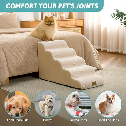 COZY KISS Dog Stairs for Small Dogs 15.7" H, 4-Step Sturdy Foam Dog Steps for Couch and Bed, Curved Pet Stairs for Puppy and Older Cat, Doggie Ladder with Washable Cover, 15.7x28.3x15.7 inch, Beige