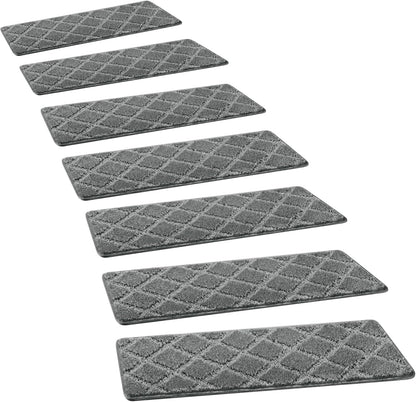 PURE ERA Bullnose Carpet Stair Treads Set Tape Free Non-Slip Indoor Stair Protectors Pet Friendly Rugs Covers Soft Skid Resistant Washable Reusable 9.5" x 30"(14 Pieces,Cream Gray)