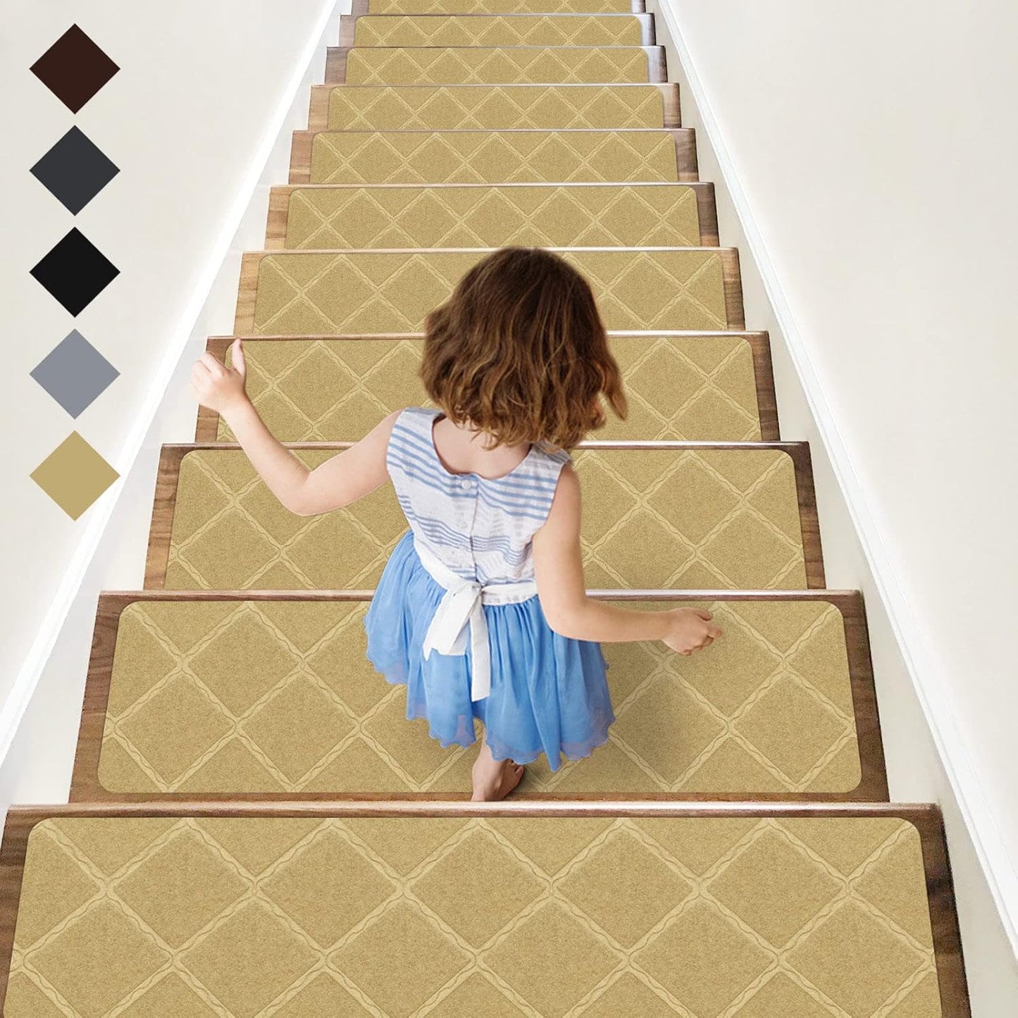 RIOLAND Stair Treads Carpet Non-Slip Indoor 15 PCS Wood Stair Treads Rugs Anti Moving Modern Stair Runners Safety for Kids Dogs, 8" X 30", Diamond Gray