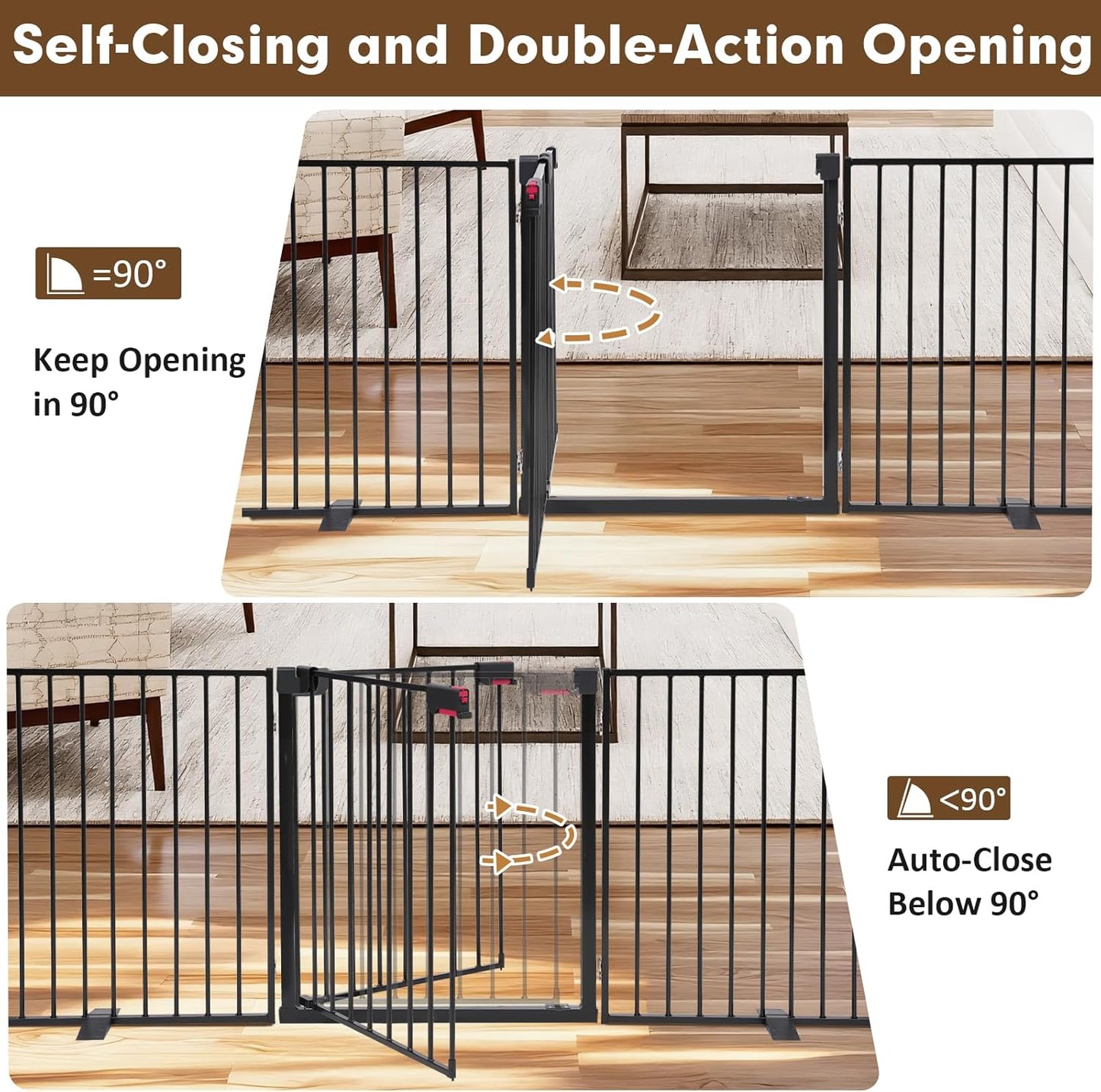 104" Extra Wide Dog Gate, Heavy Duty Metal Freestanding Dog Gate with Door for Indoor & Outdoor, Foldable Pet Fence for Doorways,House,Porch,Deck,Yard,Stairs, Auto Close(4 Panels,Black)