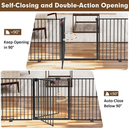 104" Extra Wide Dog Gate, Heavy Duty Metal Freestanding Dog Gate with Door for Indoor & Outdoor, Foldable Pet Fence for Doorways,House,Porch,Deck,Yard,Stairs, Auto Close(4 Panels,Black)