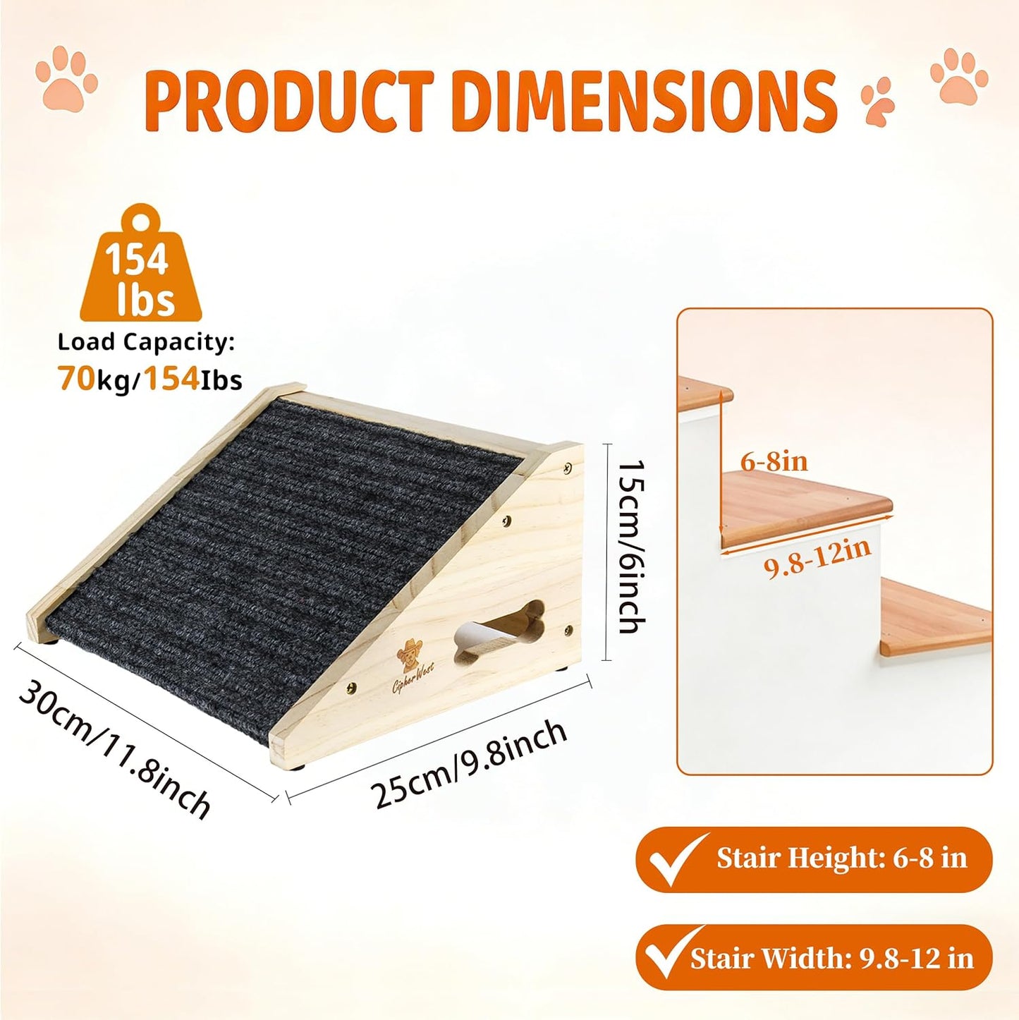 Wooden Dog Ramp for Bed, Sofa - Portable Pet Ramp with Non-Slip Carpet Surface & Bone-Shaped Handle, Senior Dog Stairs for Small Medium Breeds