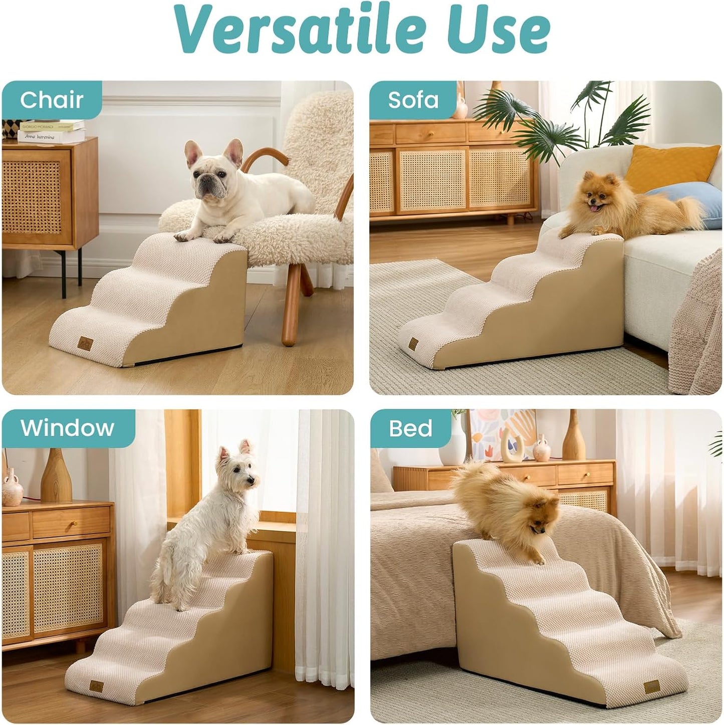 COZY KISS Dog Stairs for Small Dogs 15.7" H, 4-Step Sturdy Foam Dog Steps for Couch and Bed, Curved Pet Stairs for Puppy and Older Cat, Doggie Ladder with Washable Cover, 15.7x28.3x15.7 inch, Beige