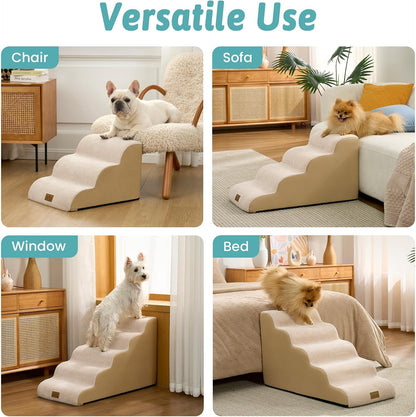 COZY KISS Dog Stairs for Small Dogs 15.7" H, 4-Step Sturdy Foam Dog Steps for Couch and Bed, Curved Pet Stairs for Puppy and Older Cat, Doggie Ladder with Washable Cover, 15.7x28.3x15.7 inch, Beige