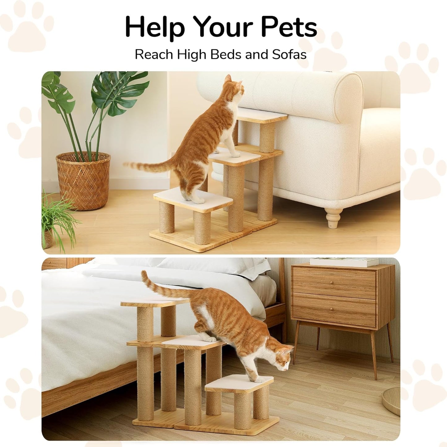FUKUMARU 3-in-1 Pet Stairs, Retro-style Dog Steps for Cats and Small Dogs, Wooden Cat Stairs for High Bed with Scratching Post, Dog Ramp for Couch with Cat Condo Cave, Easy to Clean & Aesthetic Design