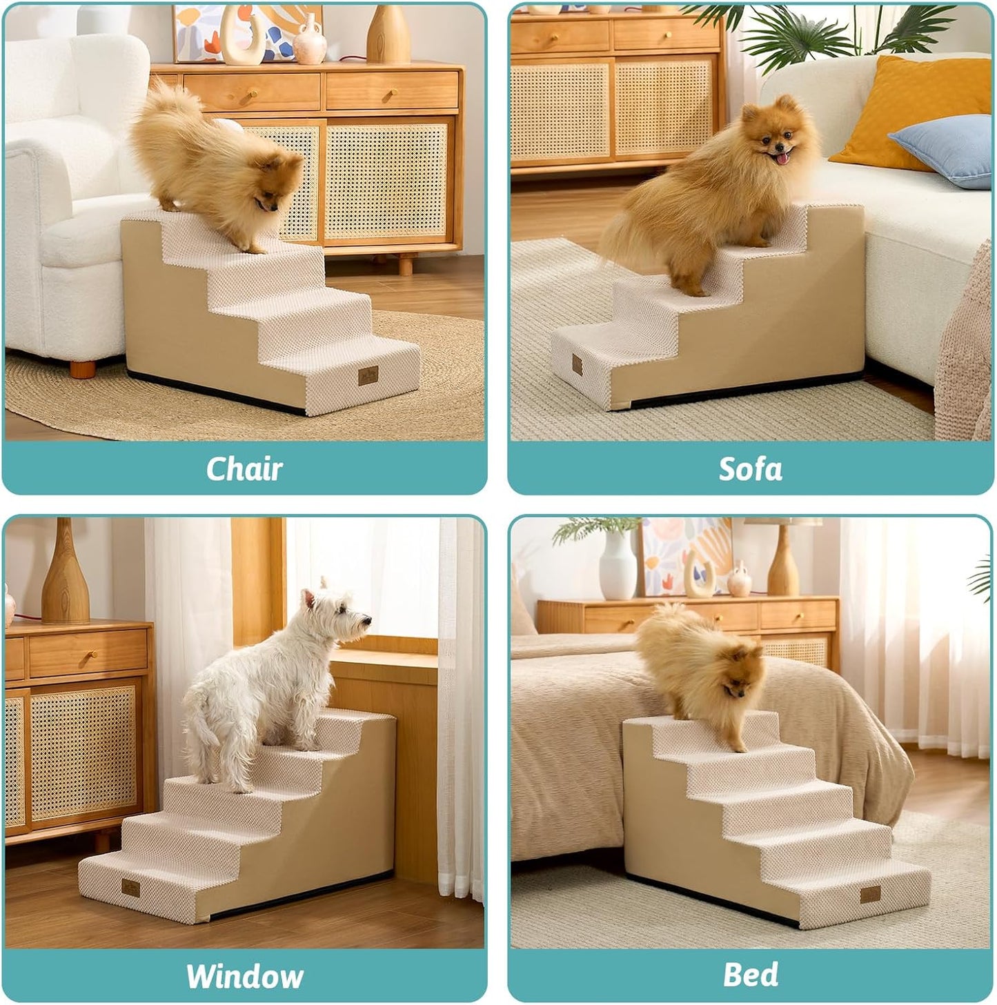 COZY KISS Dog Stairs for Small Dogs, 4 Tier Wider Pet Stairs for Couch and Beds, 17.7" H Non-Slip Dog Steps for Old Cats, Puppy, Small Medium Dogs, 17.7x23.6x17.7 inch, Beige