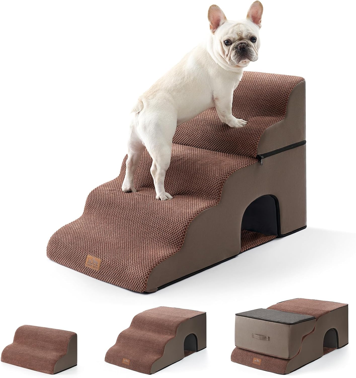 COZY KISS Extra Wide Dog Stairs with Tunnel, Foam Detachable Large Dog Step for Small Pet, Puppy or Cats, Medium Pet Ramp for High Bed, Couch, Sofa or Car, 19.7x33x22.4 inch, 5 Step, Beige