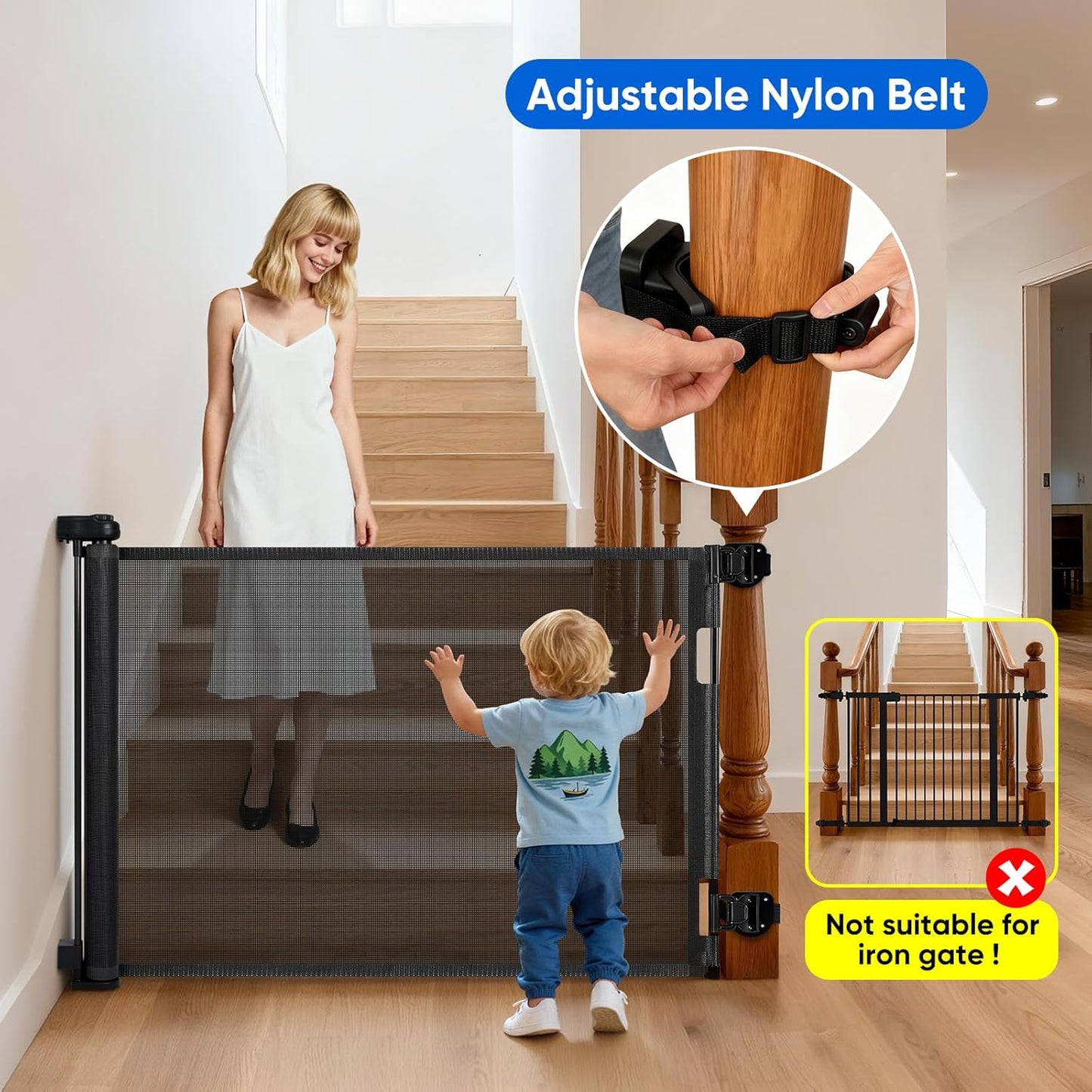 Upgraded Retractable Baby Gate, Extra Wide Safety Kids or Pets Gate, 33” Tall, Extends to 71” Wide, Mesh Safety Dog Gate for Stairs, Indoor, Outdoor, Doorways, Hallways(33”x71”, Black)