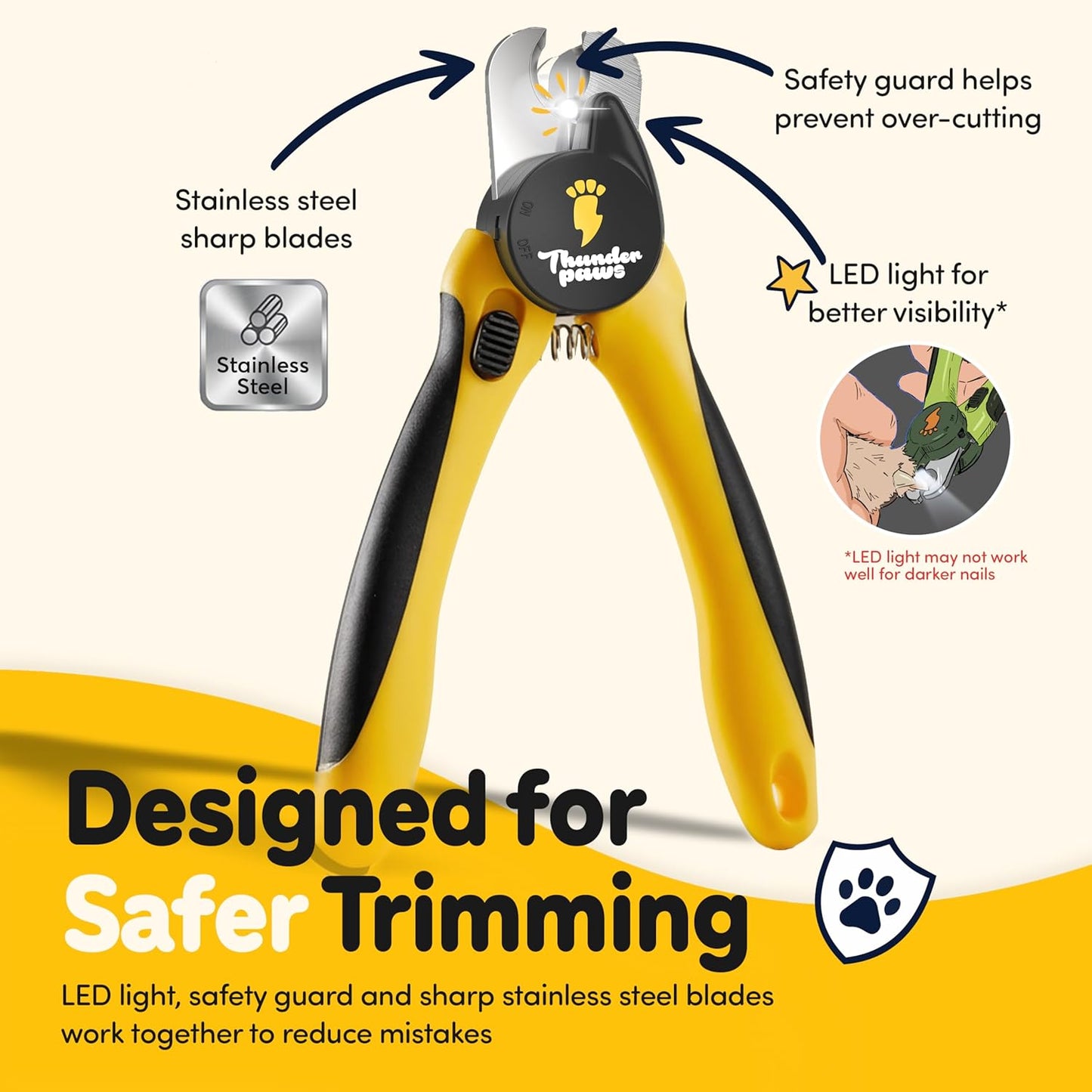 LED Dog Nail Clippers with Light, Trimmers with Protective Guard, Quick Sensor, Safety Lock and Nail File - Suitable for Large and Small Dogs & Cats (Yellow, LED)