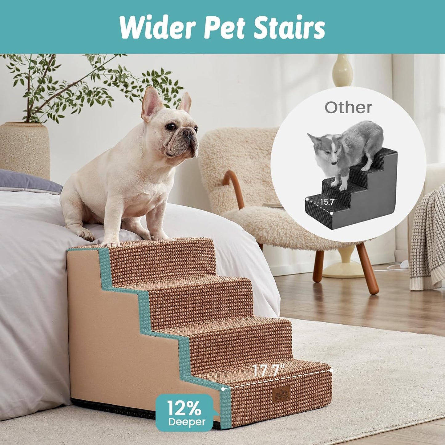 COZY KISS Dog Stairs for Small Dogs, 4 Tier Wider Pet Stairs for Couch and Beds, 17.7" H Non-Slip Dog Steps for Old Cats, Puppy, Small Medium Dogs, 17.7x23.6x17.7 inch, Beige