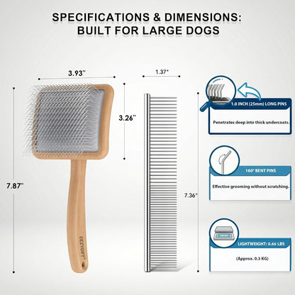 Slicker Brush for Dogs - 4-in-1 Wooden Dog Grooming Kit for Doodles & Poodles with Detangling Comb for Matted Hair & Bath Massage Set, Naturally